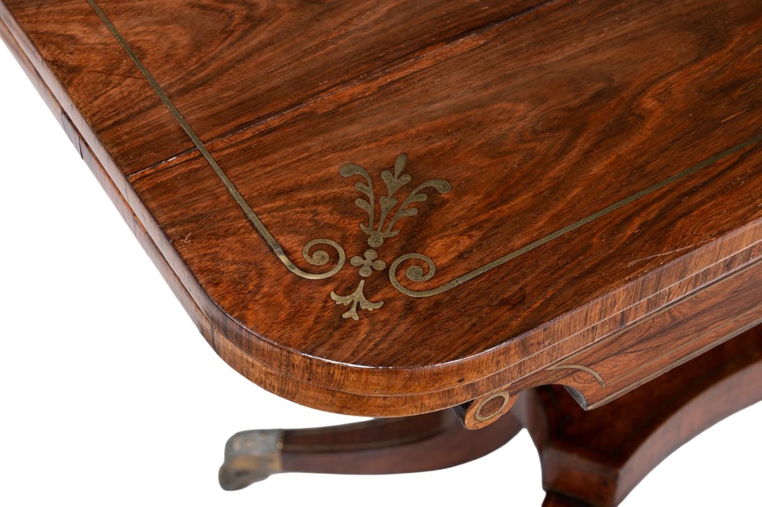 Y A REGENCY BRASS INLAID FIGURED ROSEWOOD FOLD OVER CARD TABLE, CIRCA 1815 - 3