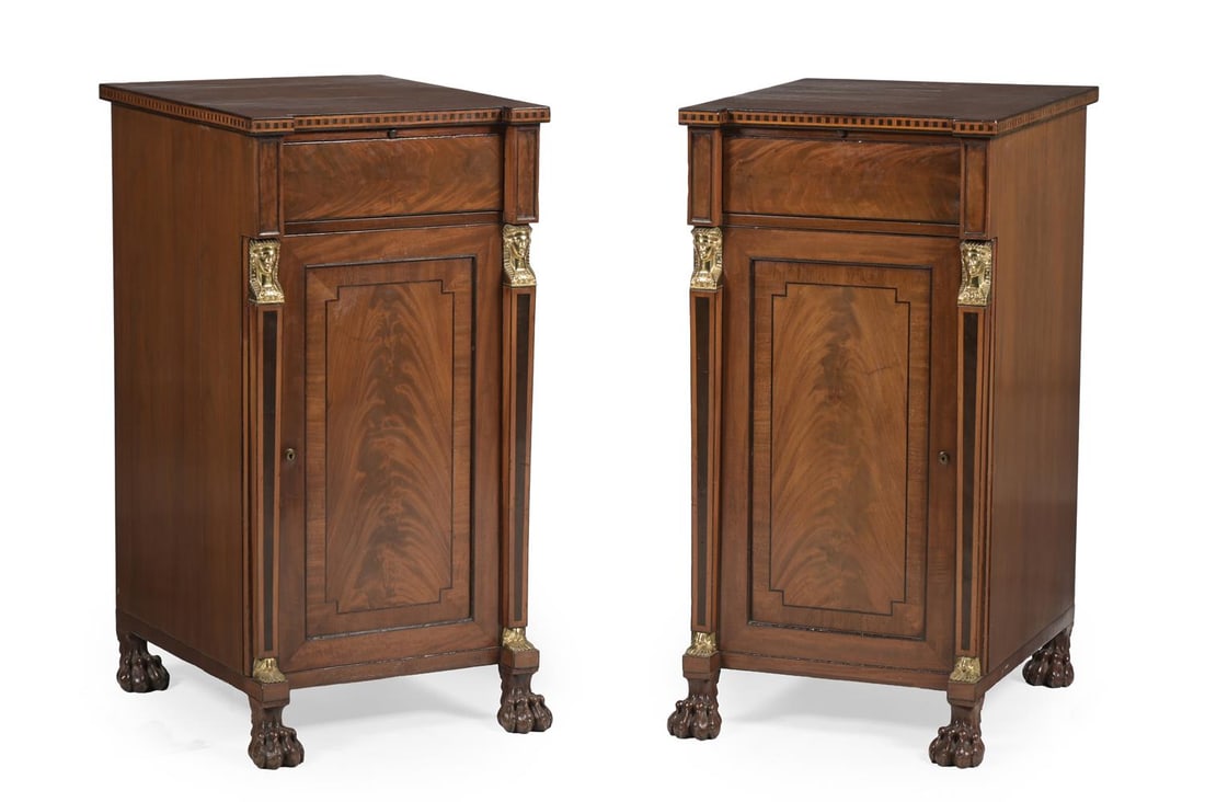 Y A PAIR OF FIGURED MAHOGANY, EBONY AND CHEQUER BANDED CUPBOARDS, CIRCA 1815 AND LATER - 2