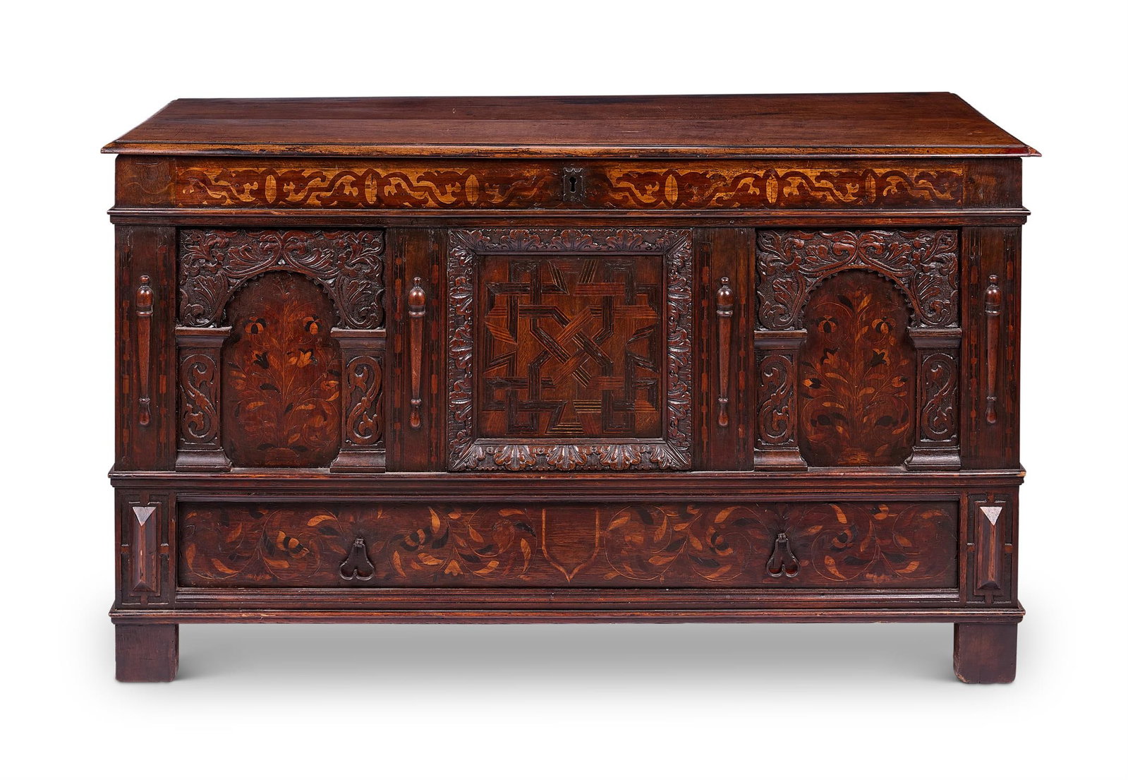 A CARVED OAK, FRUITWOOD AND MARQUETRY CHEST OR CASSONE, 17TH CENTURY (1 of 5)