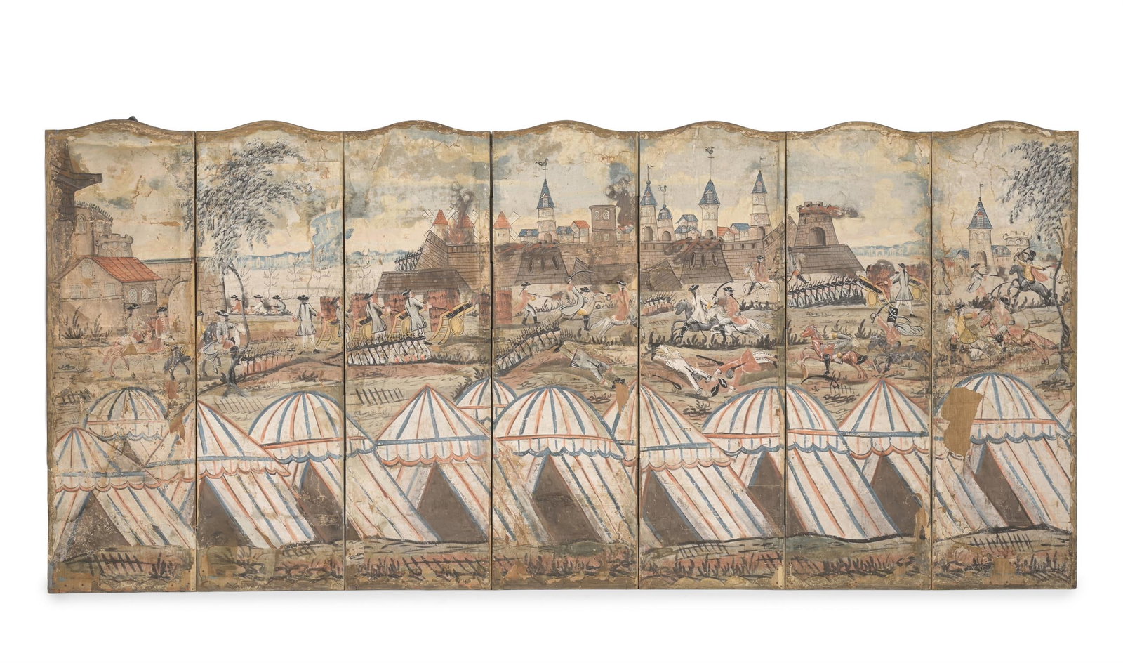 A CONTINENTAL POLYCHROME PAINTED SEVEN FOLD ROOM SCREEN OF A BATTLEGROUND, 18TH CENTURY (1 of 6)