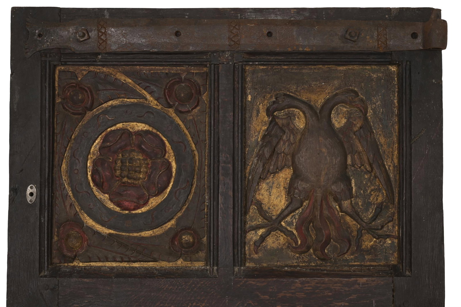 TWO CARVED AND POLYCHROME PAINTED PANELS, POSSIBLY 16TH OR 17TH CENTURY (1 of 4)