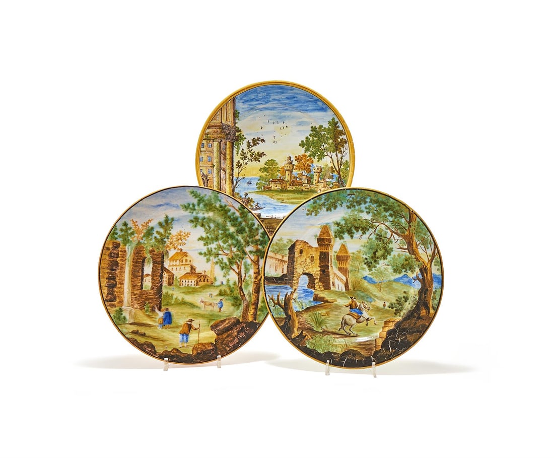 A GROUP OF THREE VARIOUS CASTELLI D'ABRUZZO MAIOLICA PLATES, VARIOUS DATES 18TH CENTURY (1 of 2)