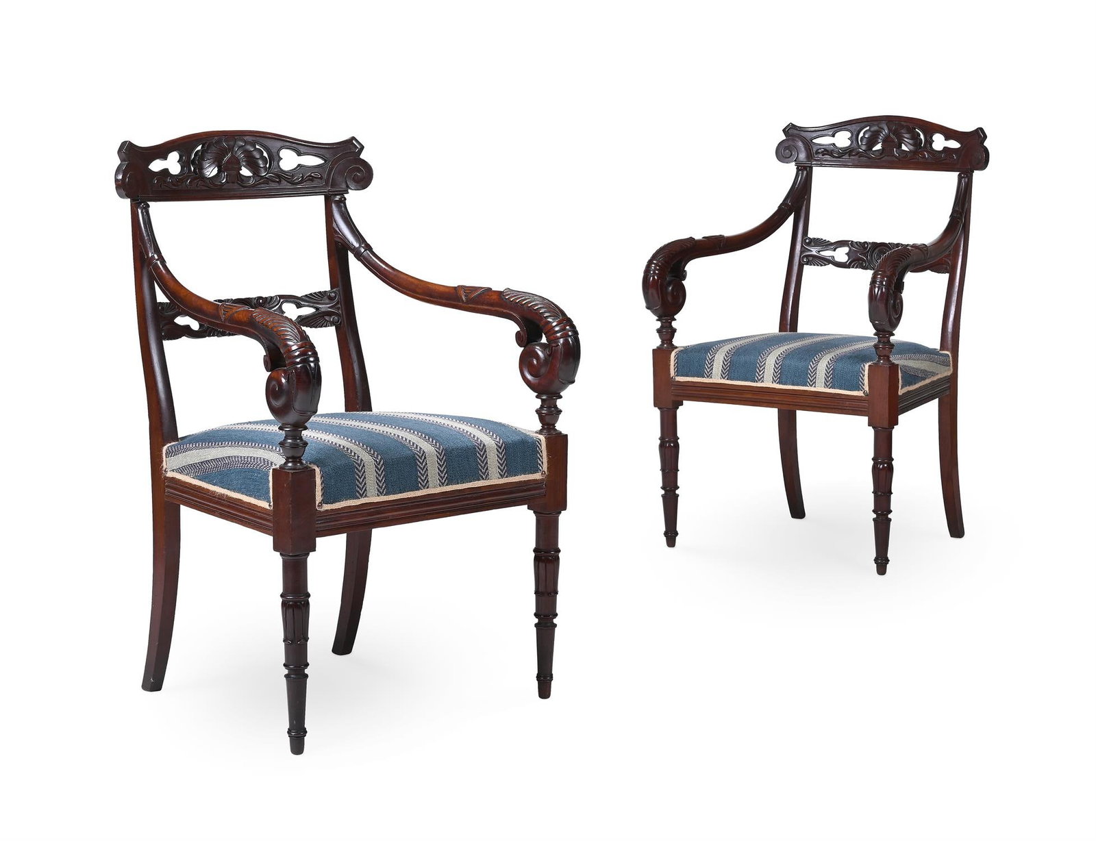 A PAIR OF ITALIAN CARVED MAHOGANY OPEN ARMCHAIRS, CIRCA 1835 (1 of 4)