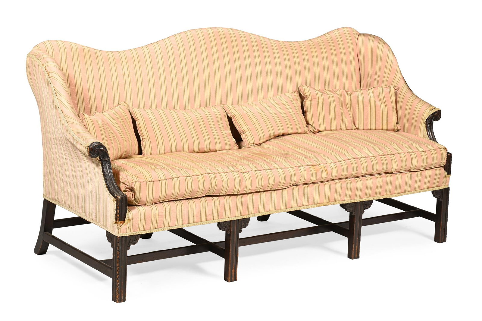 A GEORGE III CARVED MAHOGANY AND UPHOLSTERED SETTEE, IN THE MANNER OF THOMAS CHIPPENDALE, CIRCA 1770 (1 of 3)