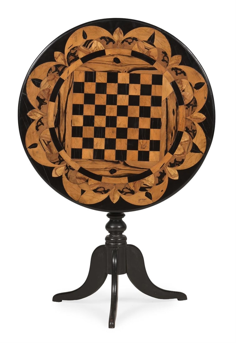 Y AN EBONY AND SPECIMEN MARQUETRY TRIPOD OCCASSIONAL GAMES TABLE, SECOND HALF 19TH CENTURY (1 of 3)