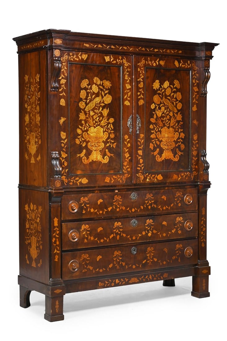 A DUTCH MAHOGANY AND MARQUETRY LINEN PRESS, LATE 18TH OR 19TH CENTURY (1 of 4)