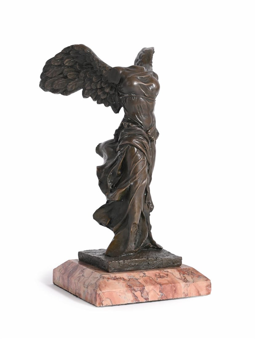AFTER THE ANTIQUE, A BRONZE FIGURE OF THE WINGED VICTORY OF SAMOTHRACE, 19TH CENTURY: AFTER THE ANTIQUE, A BRONZE FIGURE OF THE WINGED VICTORY OF SAMOTHRACE 19TH CENTURY Set on a marble plinth base 28.5cm high overall, the base 14.5 x 12.5cm