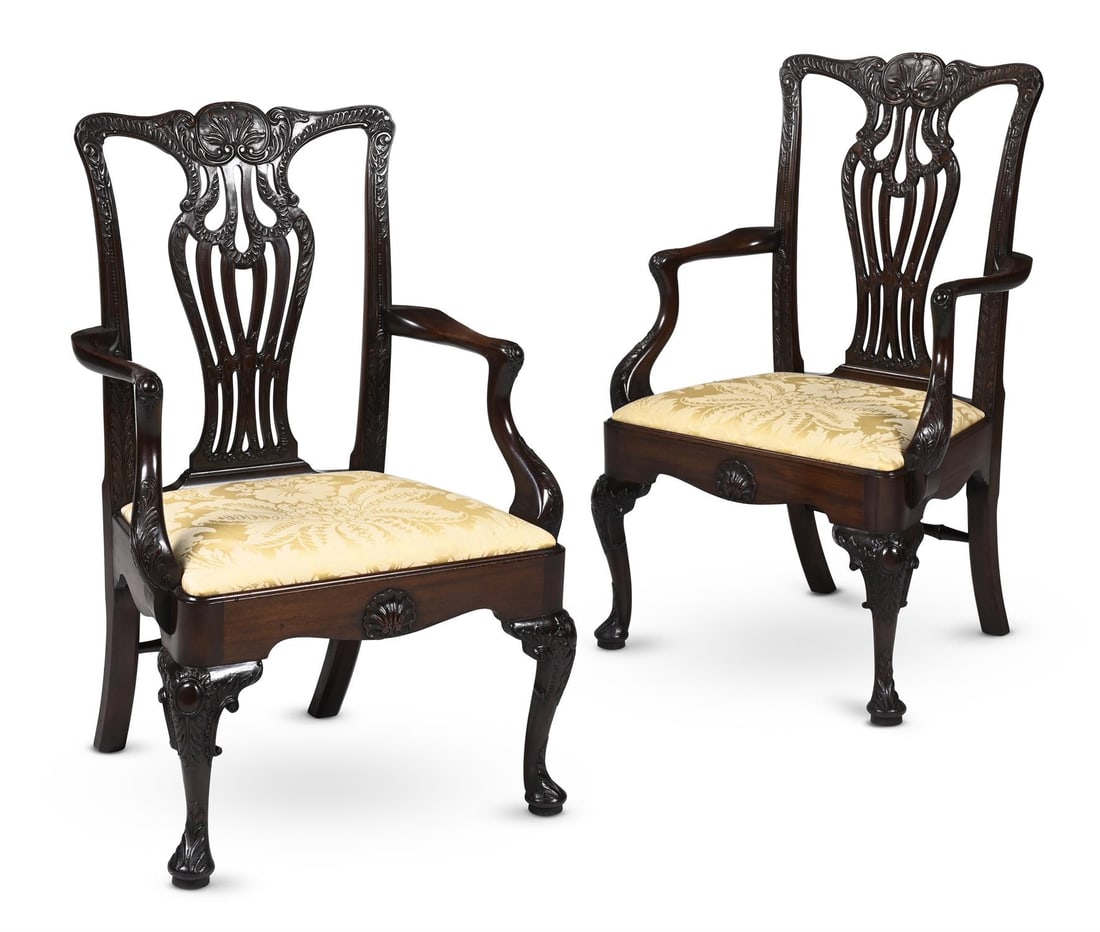 A PAIR OF GEORGE III CARVED MAHOGANY ARMCHAIRS, PROBABLY IRISH, CIRCA 1770 (1 of 4)