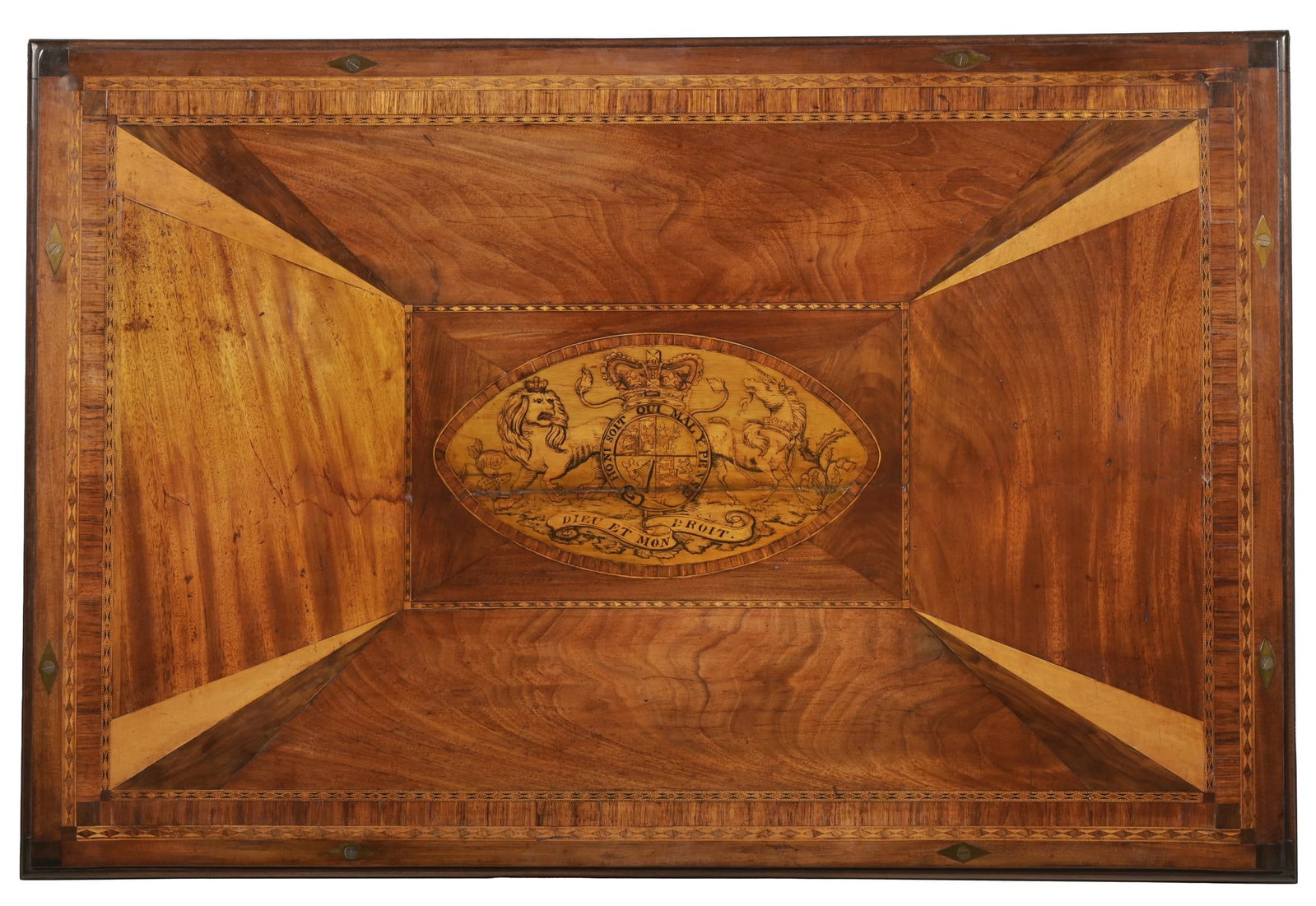 Y A GEORGE III SPECIMEN MARQUETRY ROY AL COAT OF ARMS PANEL, LATE 18TH OR EARLY 19TH CENTURY: Y A GEORGE III SPECIMEN MARQUETRY ROYAL COAT OF ARMS PANELLATE 18TH OR EARLY 19TH CENTURYInset on a late 20th century mahogany low table base46cm high, 112cm wide, 73cm deep ϒ Indicates that this