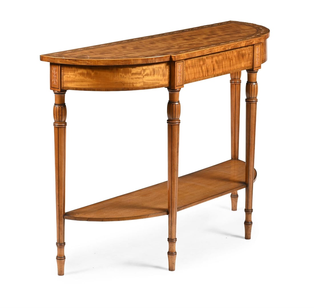 Y A GEORGE III SATINWOOD, ROSEWOOD CROSSBANDED AND POLYCHROME PAINTED CONSOLE OR SIDE TABLE: Y A GEORGE III SATINWOOD, ROSEWOOD CROSSBANDED AND POLYCHROME PAINTED CONSOLE OR SIDE TABLECIRCA 179087cm high, 123cm wide, 40cm deep ϒ Indicates that this lot may be subject to CITES regulations