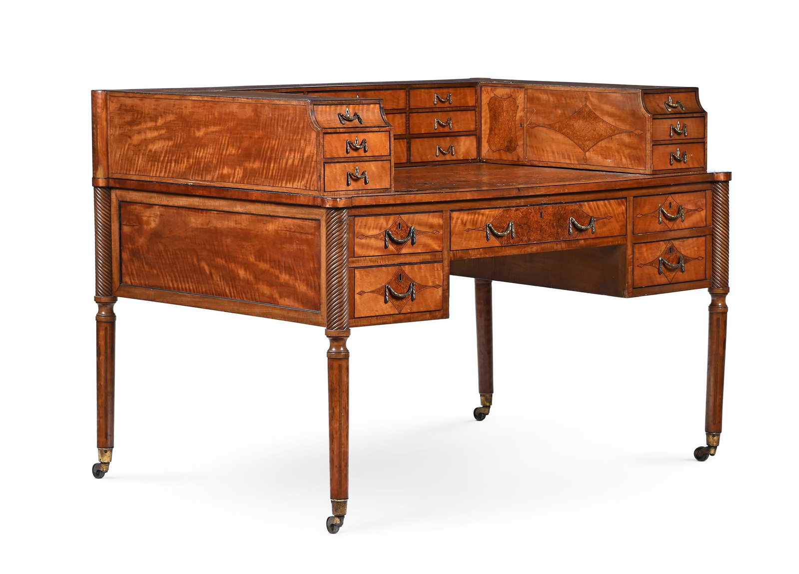 Y A REGENCY SATINWOOD, MAHOGANY, AMBOYNA AND PURPLE HEART INLAID DESK, OF CARLTON TYPE, CIRCA 1815 (1 of 5)