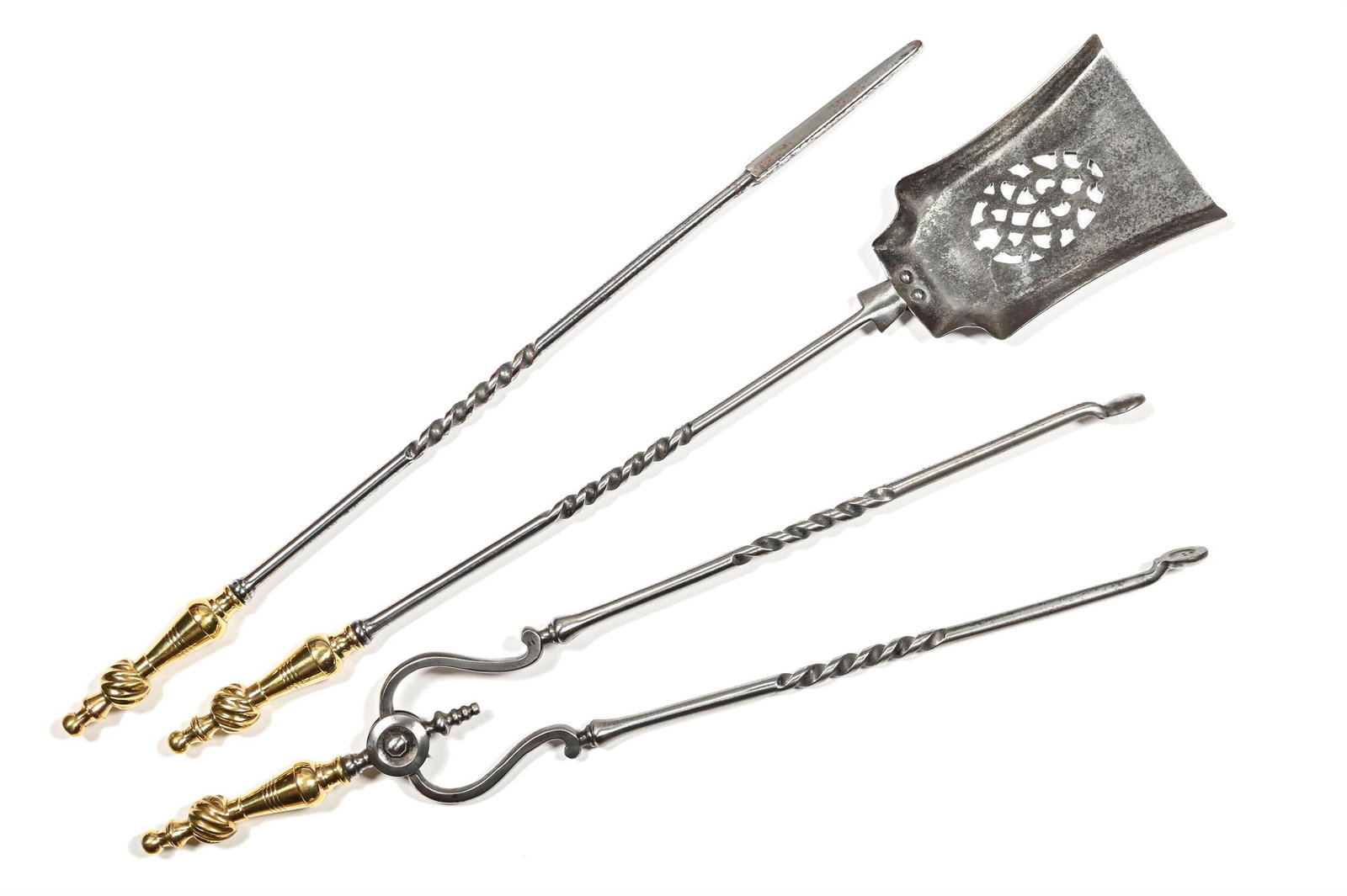 A SET OF THREE BRASS HANDLED POLISHED STEEL FIRE TOOLS, FIRST HALF 19TH CENTURY (1 of 2)