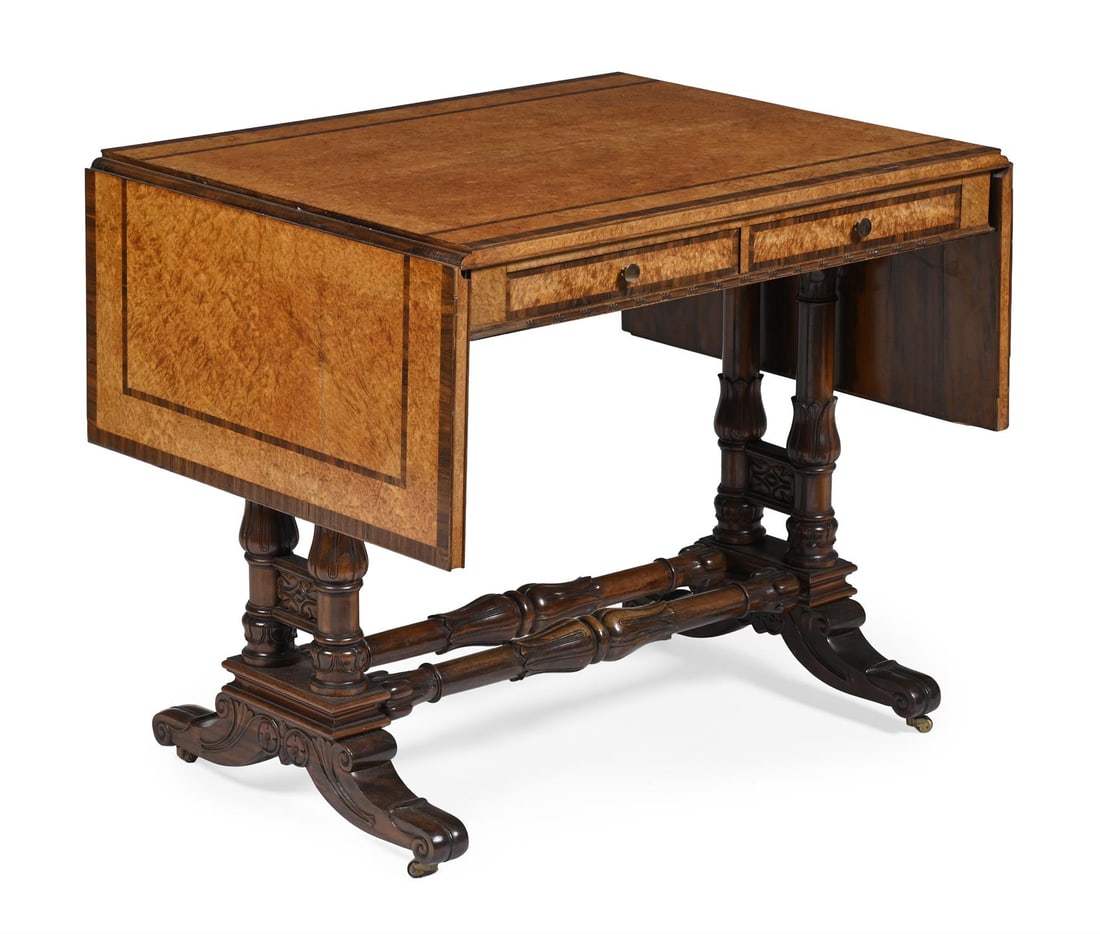 Y A REGENCY AMBOYNA AND ROSEWOOD SOFA TABLE, IN THE MANNER OF WILLIAM TROTTER, CIRCA 1815 (1 of 4)