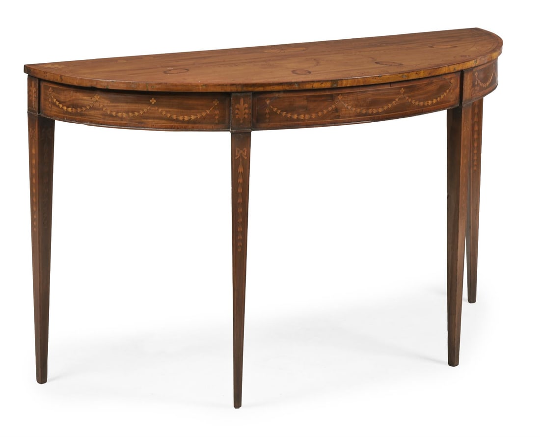 A GEORGE III MAHOGANY AND MARQUETRY DEMI LUNE CONSOLE OR SIDE TABLE, CIRCA 1790 (1 of 4)