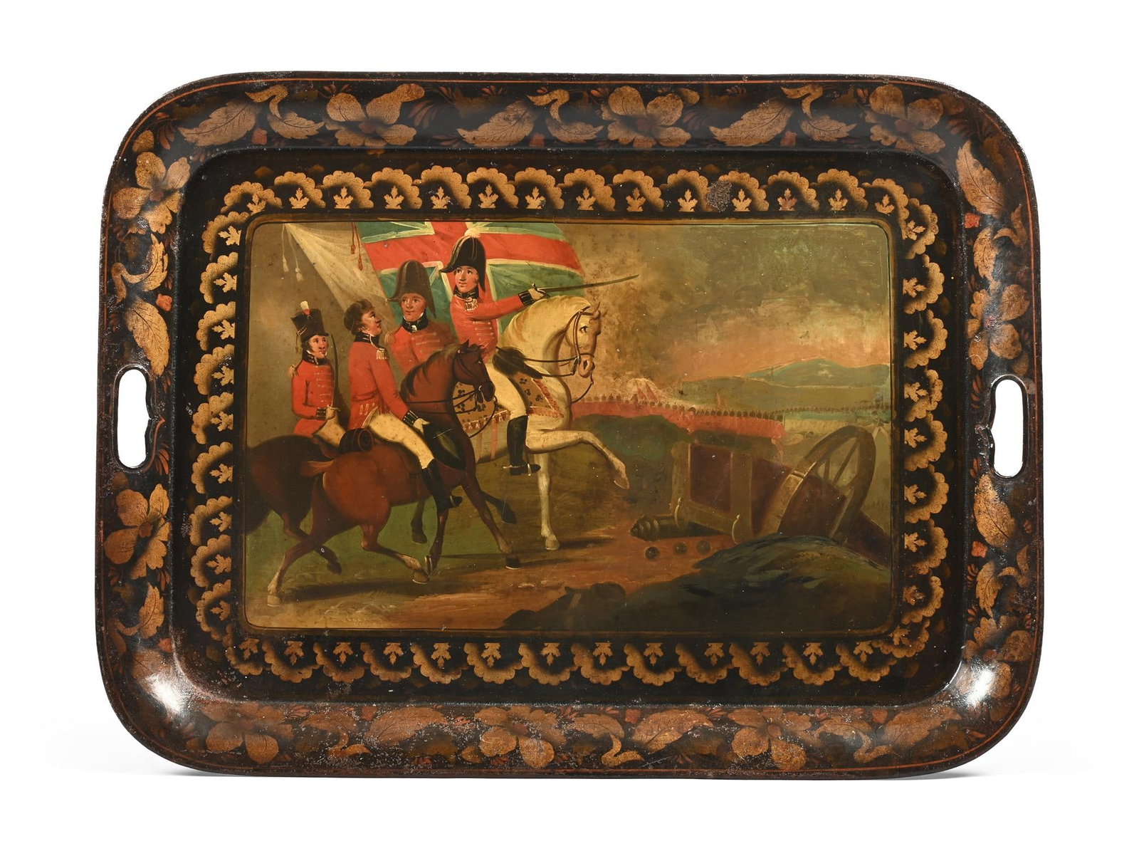 A TOLE PEINTE TRAY DEPICTING THE DUKE OF WELLINGTON AT THE BATTLE OF WATERLOO, MID 19TH CENTURY (1 of 2)