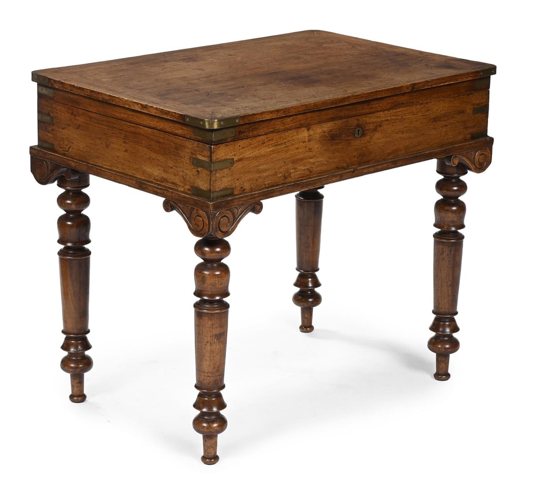 AN ANGLO INDIAN PADOUK AND BRASS BOUND CAMPAIGN WRITING DESK, CIRCA 1835 (1 of 5)