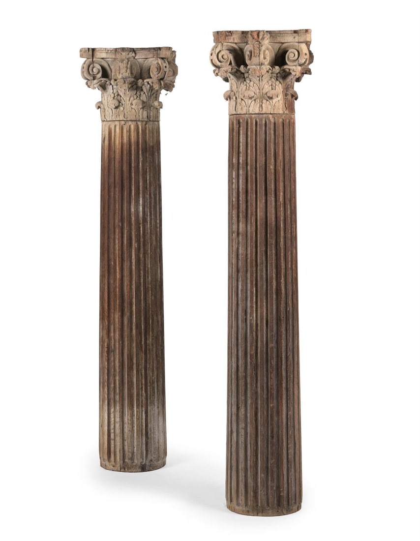 A LARGE PAIR OF CARVED OAK AND PITCH PINE CORINTHIAN COLUMS, PROBABLY LATE 18TH CENTURY (1 of 3)