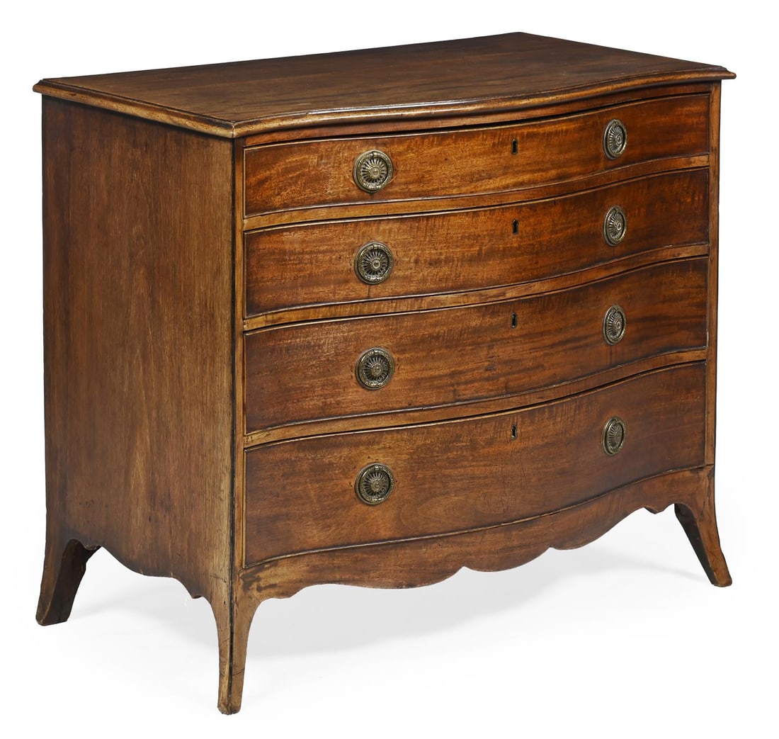 A GEORGE III FIGURED MAHOGANY SERPENTINE FRONTED CHEST OF DRAWERS, CIRCA 1780 (1 of 3)