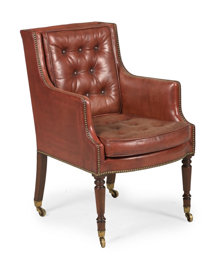 A MAHOGANY, BRASS STUDDED AND RED LEATHER UPHOLSTERED LIBRARY ARMCHAIR, 19TH CENTURY (1 of 3)