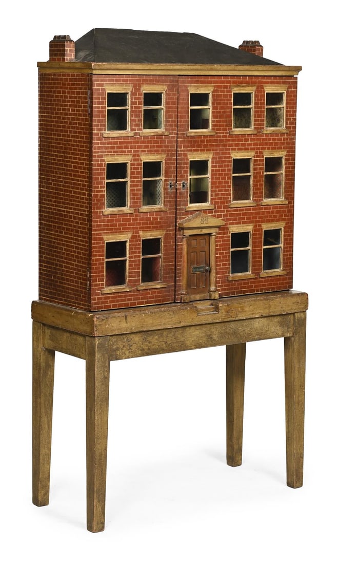 A LARGE POLYCHROME PAINTED GEORGIAN DOLL'S HOUSE, FIRST HALF 19TH CENTURY, ON A LATER STAND (1 of 4)