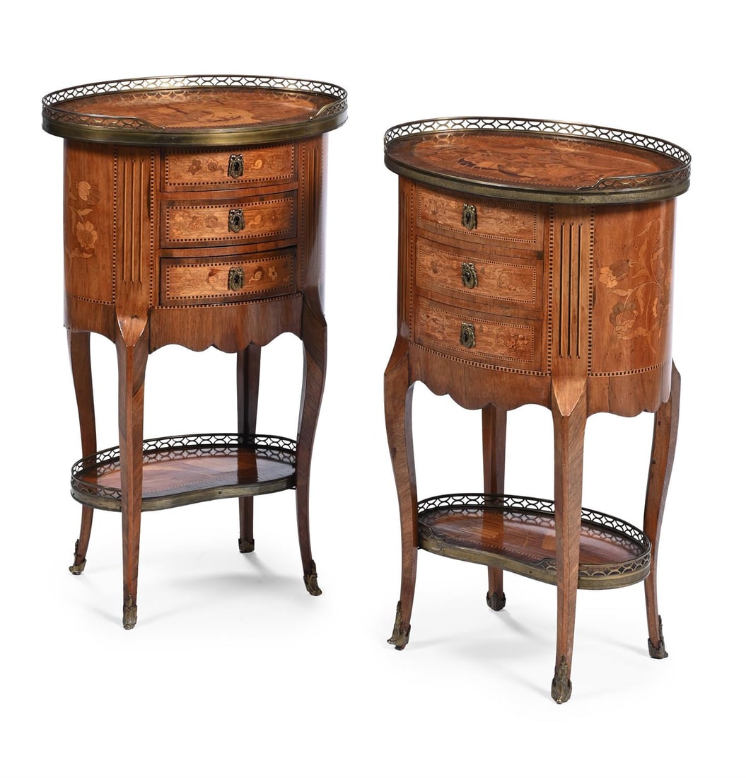 Y A CLOSELY MATCHED PAIR OF KINGWOOD, MAEQUETRY AND BRASS MOUNTED OVAL PETIT COMMODES (1 of 5)