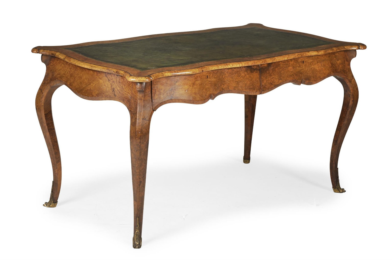 A VICTORIAN BURR WALNUT AND TOOLED LEATHER INSET BUREAU PLAT, SECOND HALF 19TH CENTURY (1 of 3)