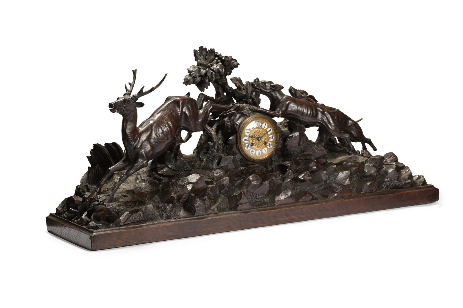 A LARGE GERMAN CARVED BLACK FOREST MANTEL CLOCK, LAST QUARTER 19TH CENTURY (1 of 5)