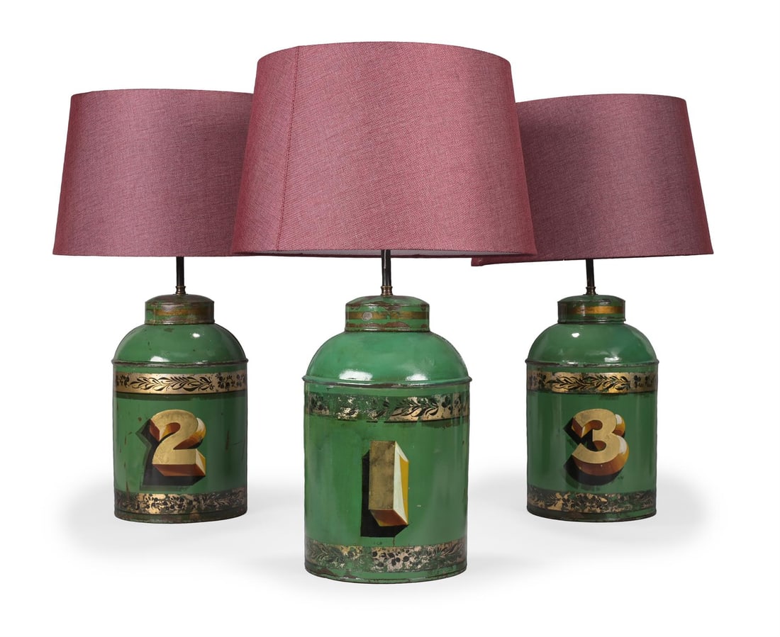 A SET OF THREE TOLE PEINTE TEA CANNISTER TABLE LAMPS, LATE 19TH OR EARLY 20TH CENTURY (1 of 4)