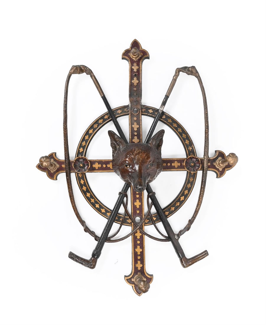 A VICTORIAN POLYCHROME HUNTING DECORATED CAST IRON HAT AND WHIP RACK, CIRCA 1860-1880 (1 of 4)