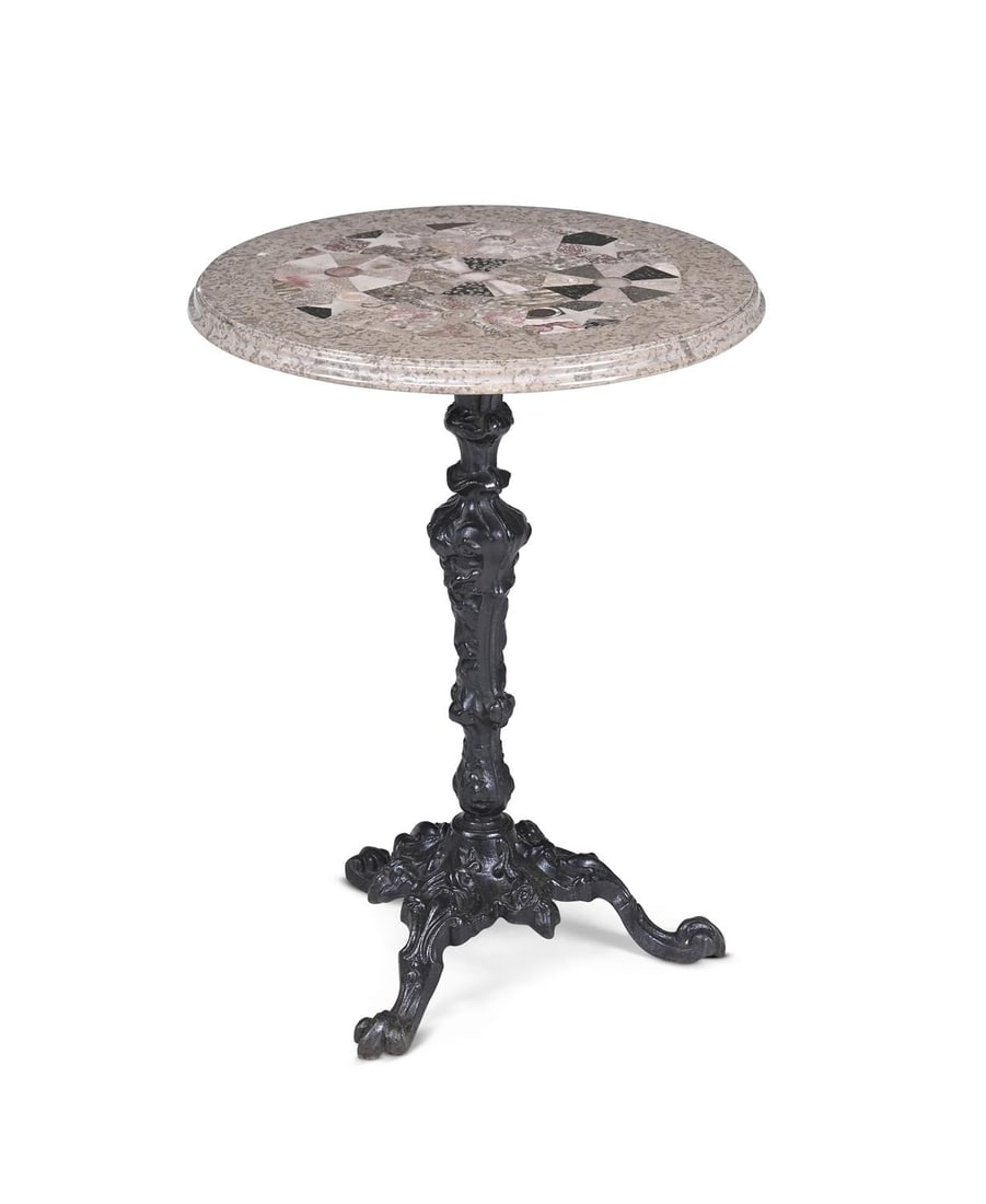 A CAST IRON AND SPECIMEN MARBLE OCCASIONAL TRIPOD TABLE, SECOND HALF 19TH CENTURY: A CAST IRON AND SPECIMEN MARBLE OCCASIONAL TRIPOD TABLESECOND HALF 19TH CENTURY73cm high, 56cm diameter