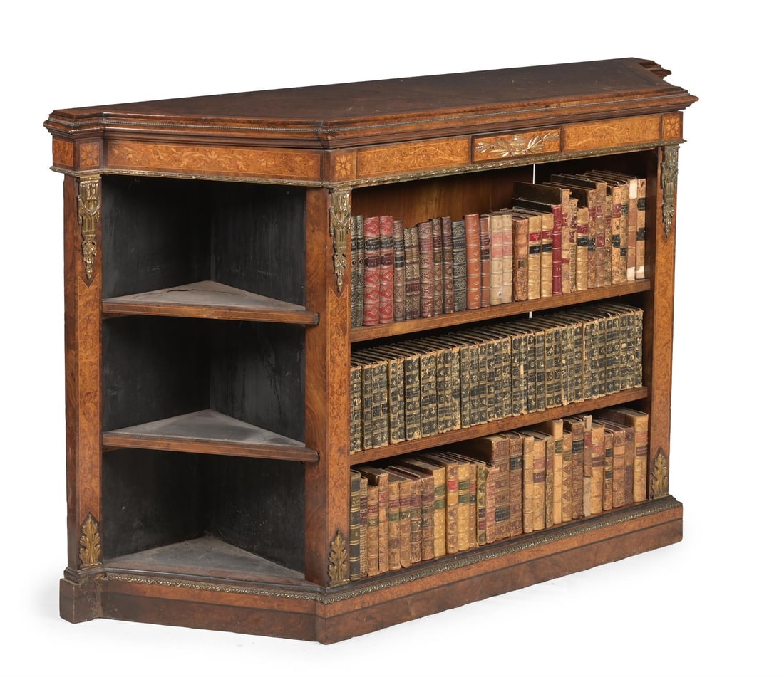 Y A VICTORIAN BURR WALNUT, AMBOYNA AND GILT METAL MOUNTED OPEN BOOKCASE, CIRCA 1860 (1 of 3)