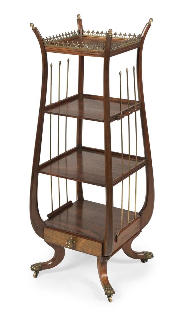 Y AN UNUSUAL WILLIAM IV ROSEWOOD AND GILT BRASS MOUNTED ETAGERE, CIRCA 1835: Y AN UNUSUAL WILLIAM IV ROSEWOOD AND GILT BRASS MOUNTED ETAGERECIRCA 1835With a pierced gallery and lyre sides135cm high, 50cm wide, 50cm deepFor an etagere of similar lyre form, see Christie's New Yo