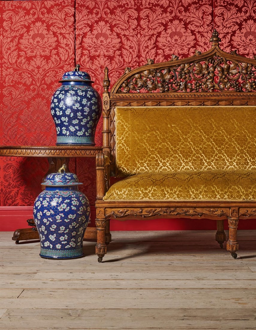 A VICTORIAN GOTHIC AND FOLIATE CARVED OAK AND UPHOLSTERED SETTEE, MID 19TH CENTURY (1 of 9)