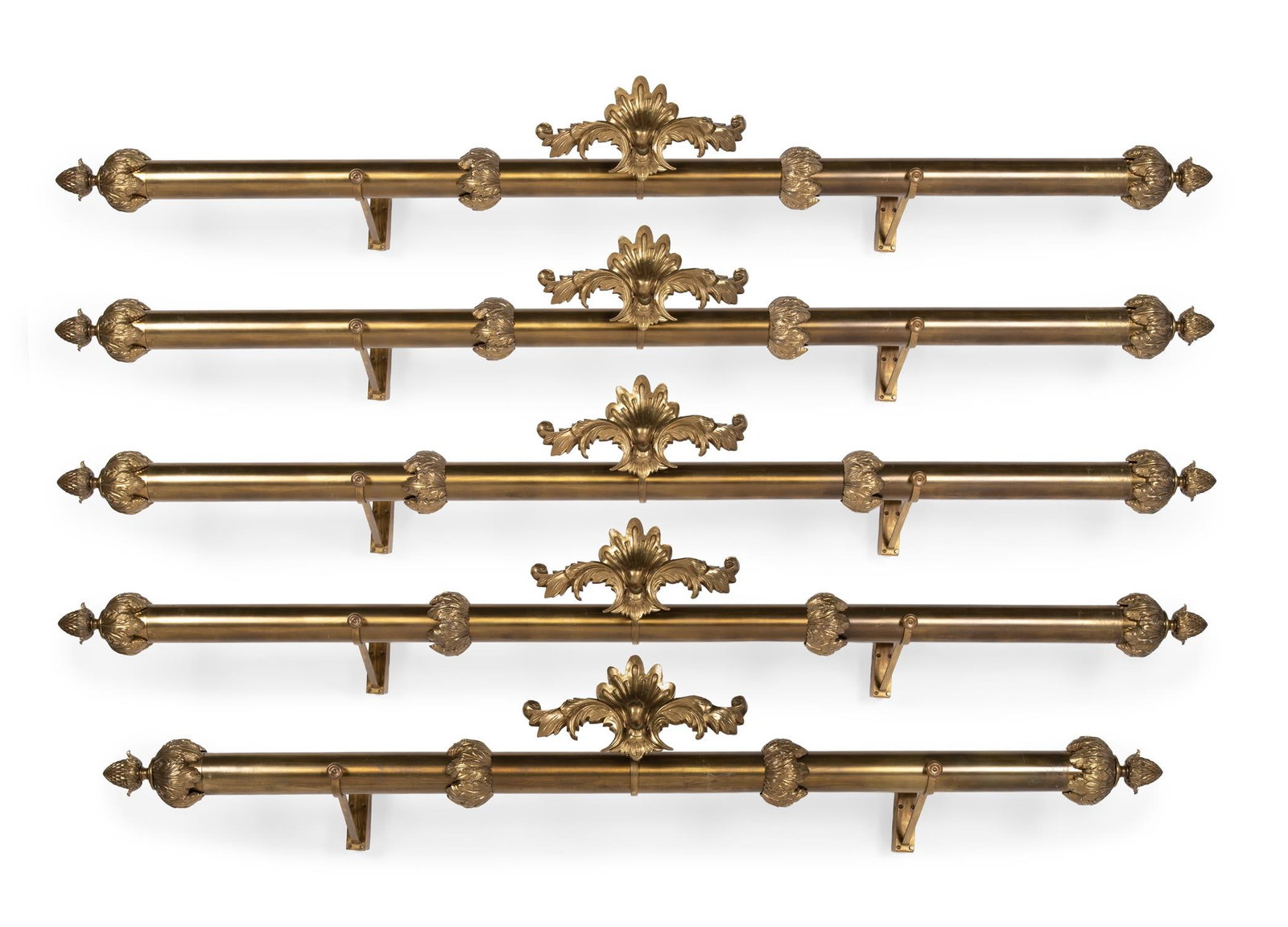 A GROUP OF FIVE LARGE BRASS TAPESTRY POLES OR PELMETS, IN REGENCY STYLE, CONTEMPORARY (1 of 5)