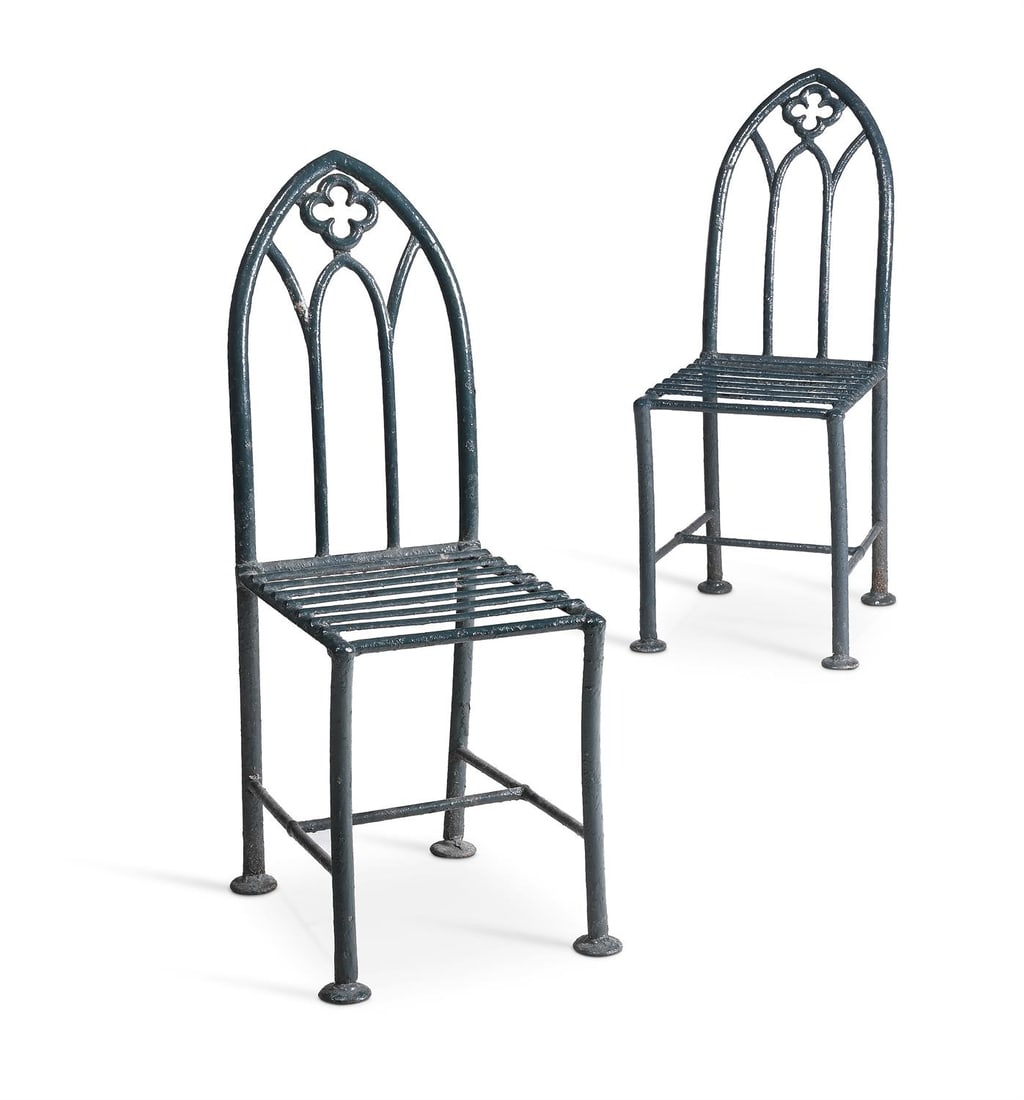 A PAIR OF GEORGE IV GOTHIC PAINTED WROUGHT IRON GARDEN CHAIRS, CIRCA 1825 (1 of 3)