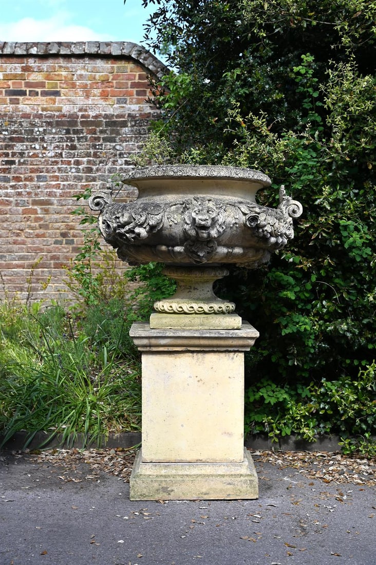 A LARGE COMPOSITION STONE LION MASK URN ON STAND, LATE 20TH CENTURY (1 of 1)