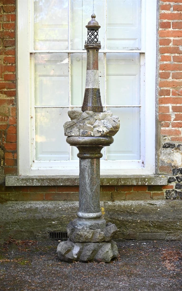A LARGE CARVED CORNISH SERPENTINE LIGHTHOUSE LAMP ON PEDESTAL, LATE 19TH OR EARLY 20TH CENTURY (1 of 2)