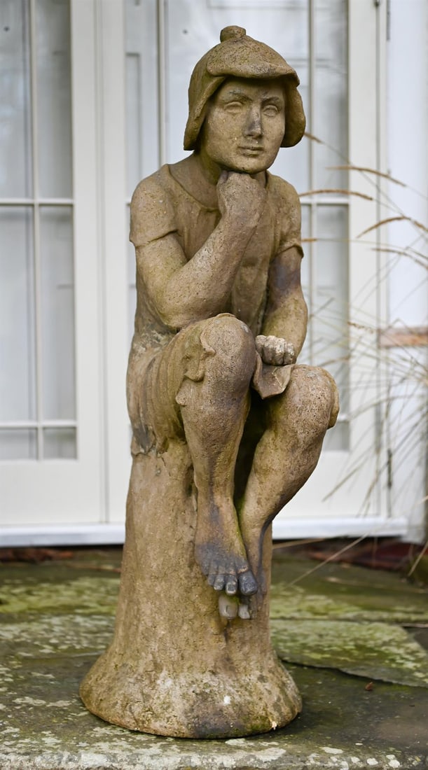 A RARE TERRACOTTA 'WOOD NYMPH' FIGURE OR PIXIE 'HAREBELL', BY COMPTON POTTERY, EARLY 20TH CENTURY: A RARE TERRACOTTA 'WOOD NYMPH' FIGURE OR PIXIE 'HAREBELL' BY COMPTON POTTERY, EARLY 20TH CENTURYThe figure depicted seated with Margaret Tarrant style flower cap, unmarked 125cm high, the base 40cm sq