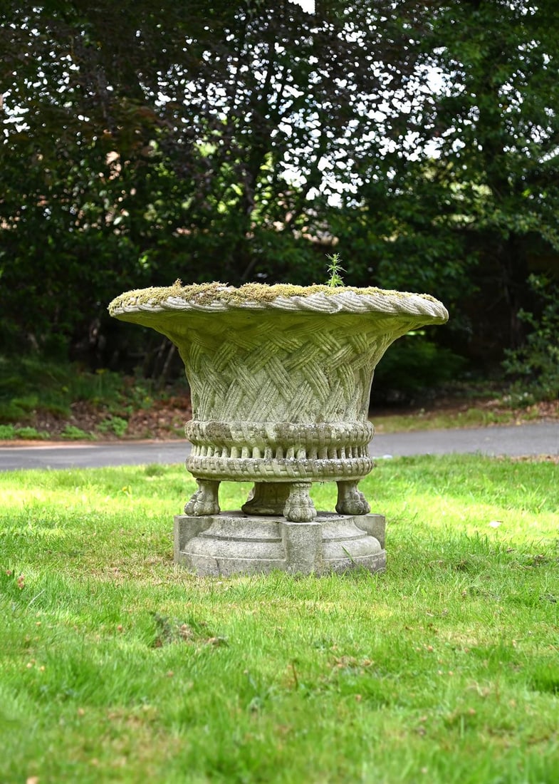 A LARGE COMPOSITION STONE BASKET WEAVE PLANTER, LATE 20TH CENTURY (1 of 1)