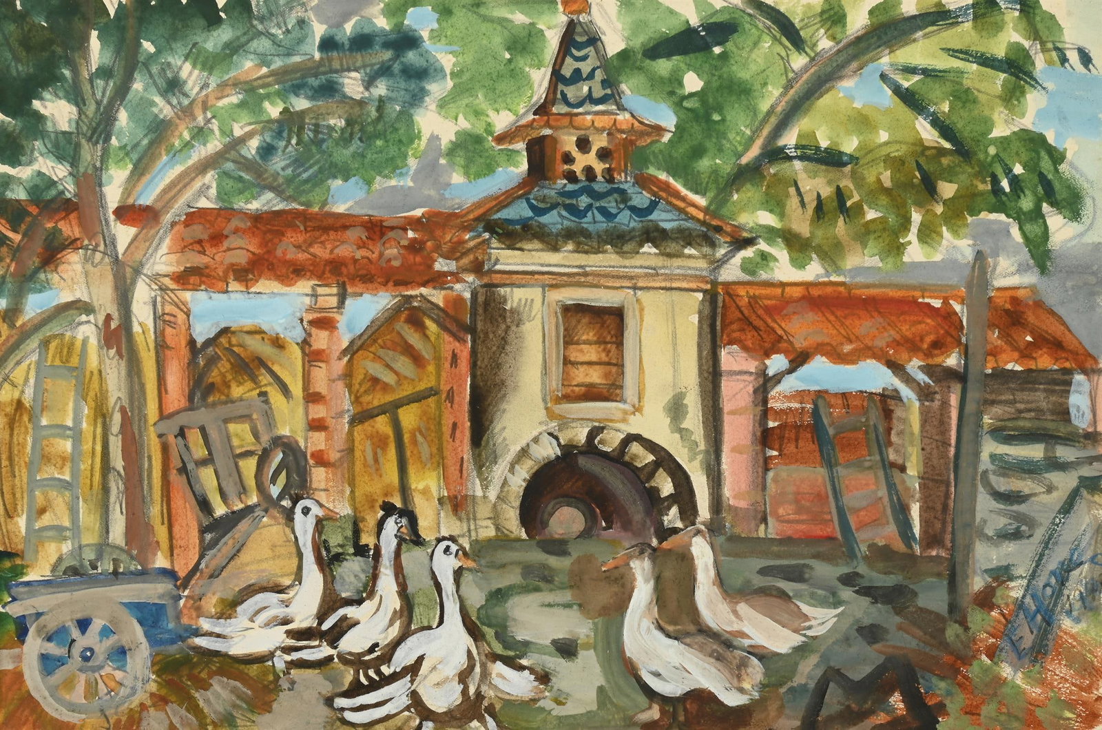 EVIE HONE (IRISH 1894-1955), DOVECOT, FONTGUITARD, TARN, FRANCE: EVIE HONE (IRISH 1894-1955)DOVECOT, FONTGUITARD, TARN, FRANCEWatercolour heightened with white over touches of pencilSigned and dated 1943 (lower right)23 x 35cm (9 x 13¾in.)Born in Dublin in 189