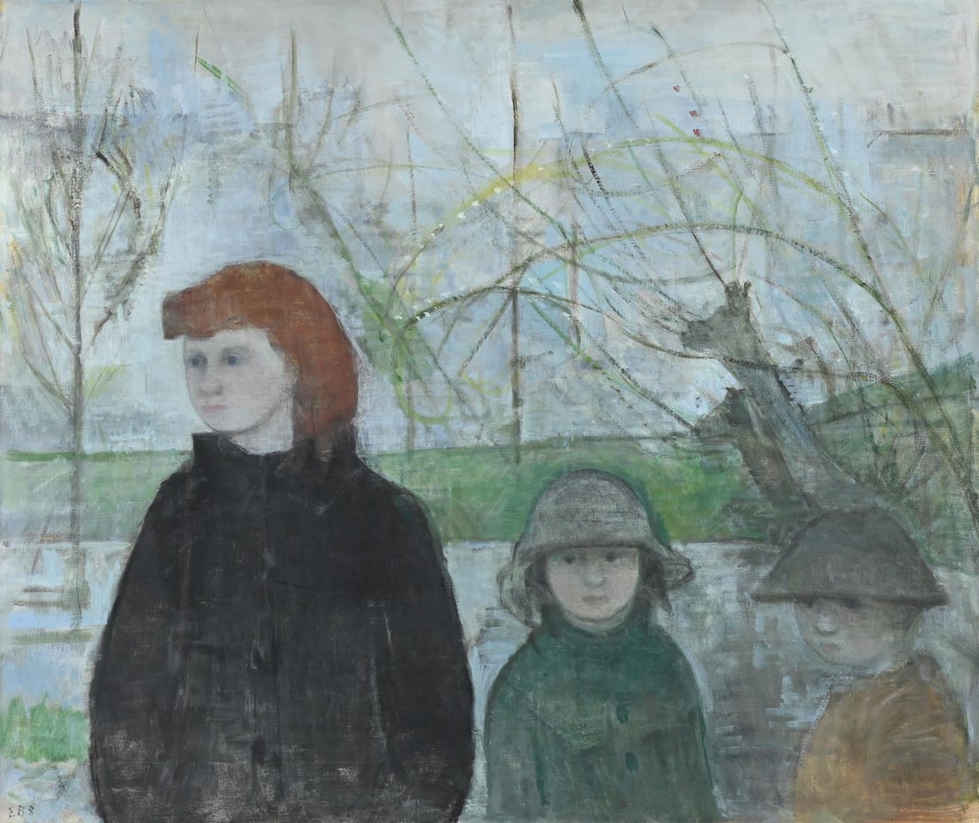 λ ELINOR BELLINGHAM SMITH (BRITISH 1906-1988), GIRL WITH RED HAIR AND TWO CHILDREN: λ ELINOR BELLINGHAM SMITH (BRITISH 1906-1988)GIRL WITH RED HAIR AND TWO CHILDRENOil on canvasSigned with initials (lower left)64 x 76cm (25 x 29¾in.)Born in Southwark, London in 1906 and tra