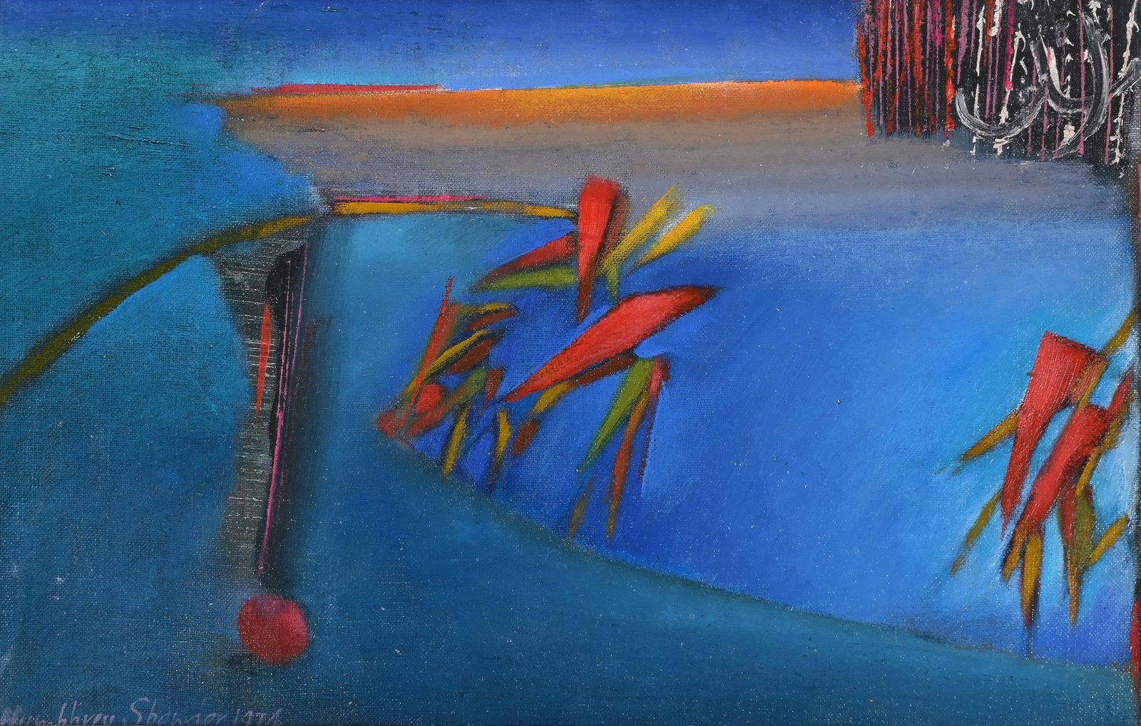 λ JOHN HUMPHREY SPENDER (BRITISH 1910-2005), BLUE LANDSCAPE: λ JOHN HUMPHREY SPENDER (BRITISH 1910-2005)BLUE LANDSCAPEOil on canvasSigned and dated 1974 (lower left)22.5 x 35cm (8¾ x 13¾in.) λ indicates that this lot may be subject to Droit 