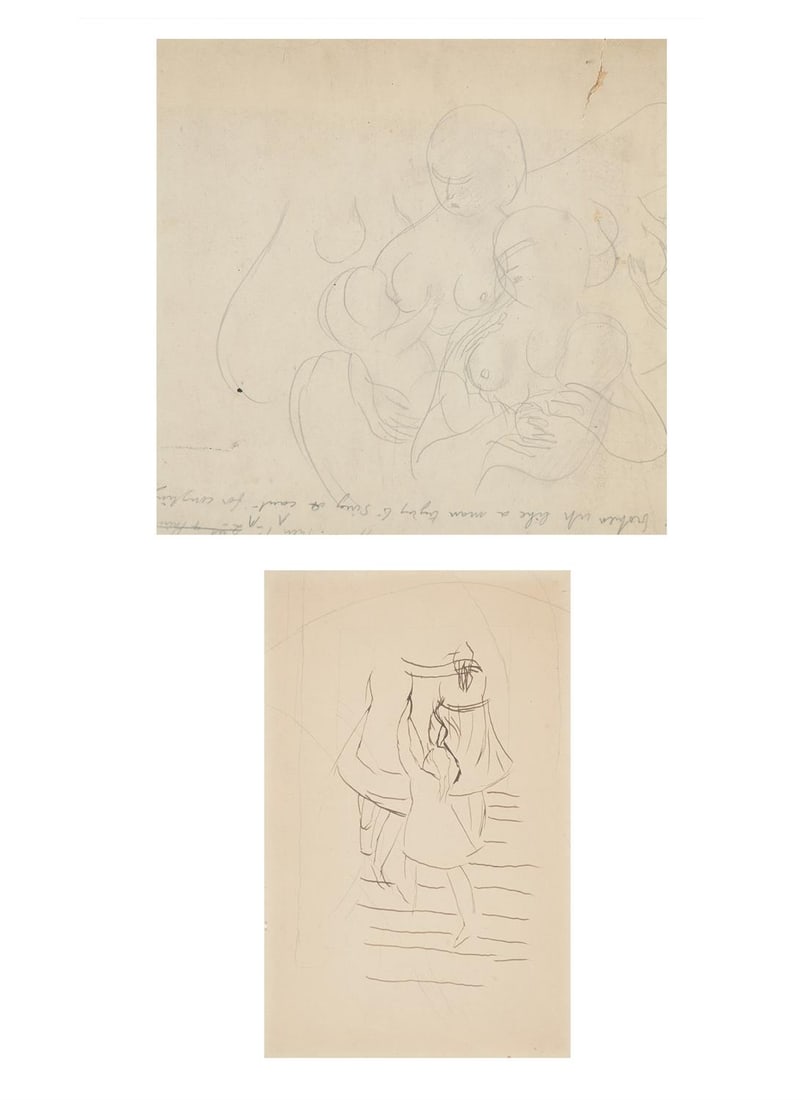 λ SIR STANLEY SPENCER (BRITISH 1891-1959), STUDIES OF MOTHER AND CHILD; STUDY OF A FAMILY GROUP: λ SIR STANLEY SPENCER (BRITISH 1891-1959)STUDIES OF MOTHER AND CHILD; STUDY OF A FAMILY GROUPOne pencil; the other pen and ink and pencilOne extensively inscribed (lower edge)One 21.5 x 21.5cm (8