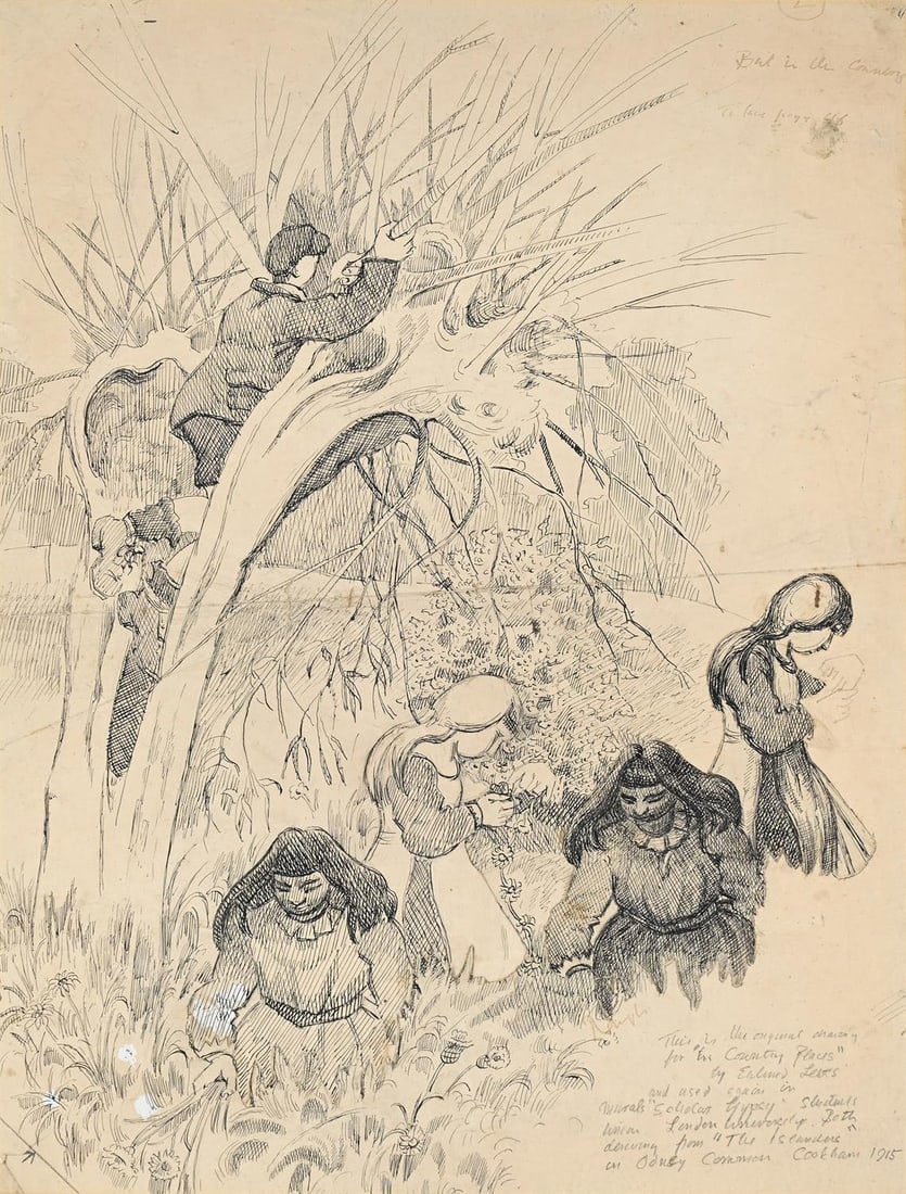 λ GILBERT SPENCER (BRITISH 1892-1979), POLLARDING A WILLOW WITH GIRLS GATHERING FLOWERS BENEATH: λ GILBERT SPENCER (BRITISH 1892-1979)POLLARDING A WILLOW WITH GIRLS GATHERING FLOWERS BENEATHInkInscribed This is the original drawing/ for The Country Places/ by Edward Lewes/ and used again in/