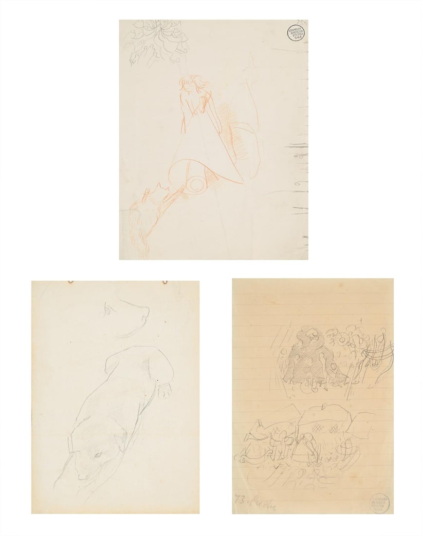 λ SIR STANLEY SPENCER (BRITISH 1891-1959), FIGURE AND CAT; A SHEET OF STUDIES; A DOG (3) (1 of 6)
