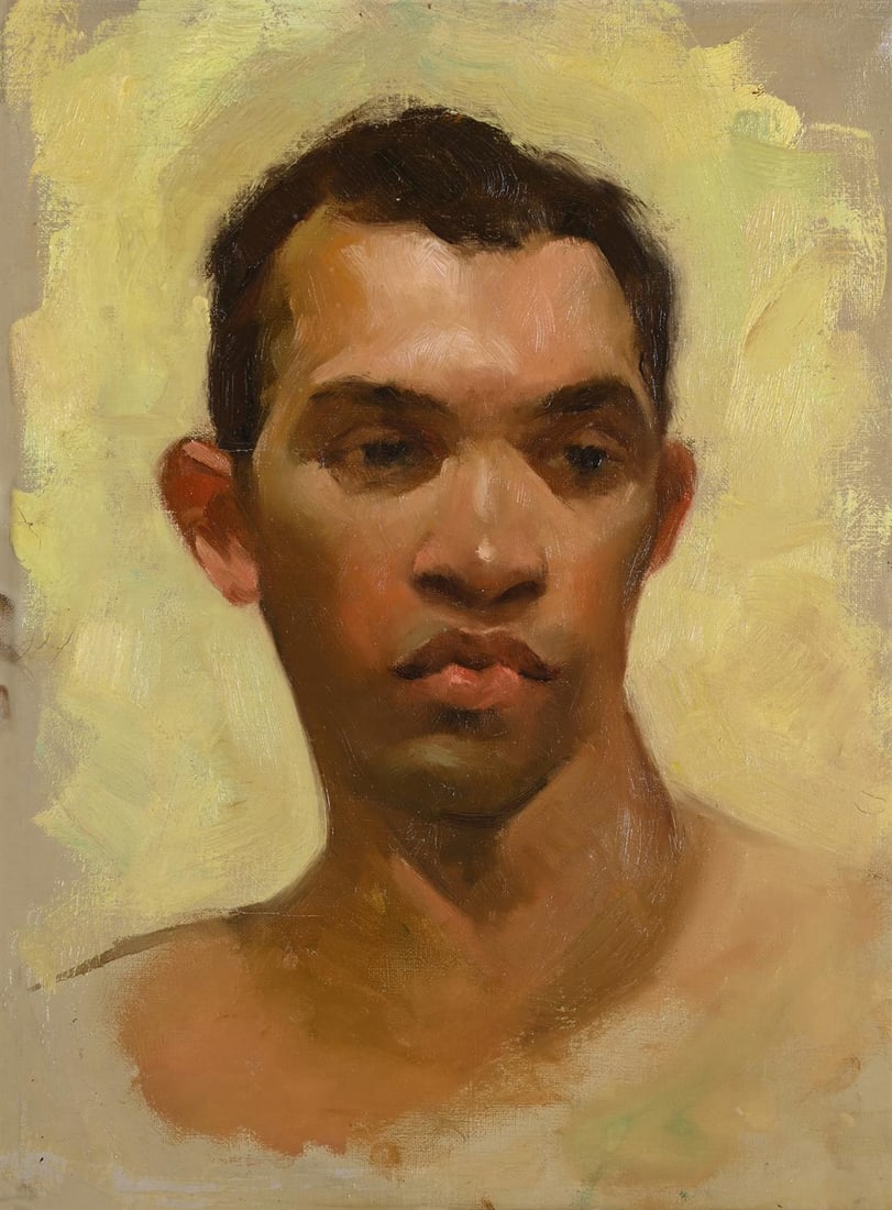 FRENCH SCHOOL (20TH CENTURY), PORTRAIT OF A YOUNG MAN: FRENCH SCHOOL (20TH CENTURY)PORTRAIT OF A YOUNG MANOil on canvas39.5 x 30cm (15½ x 11¾in.)Provenance:Possibly Atelier Iron Franks (according to inscription to verso)