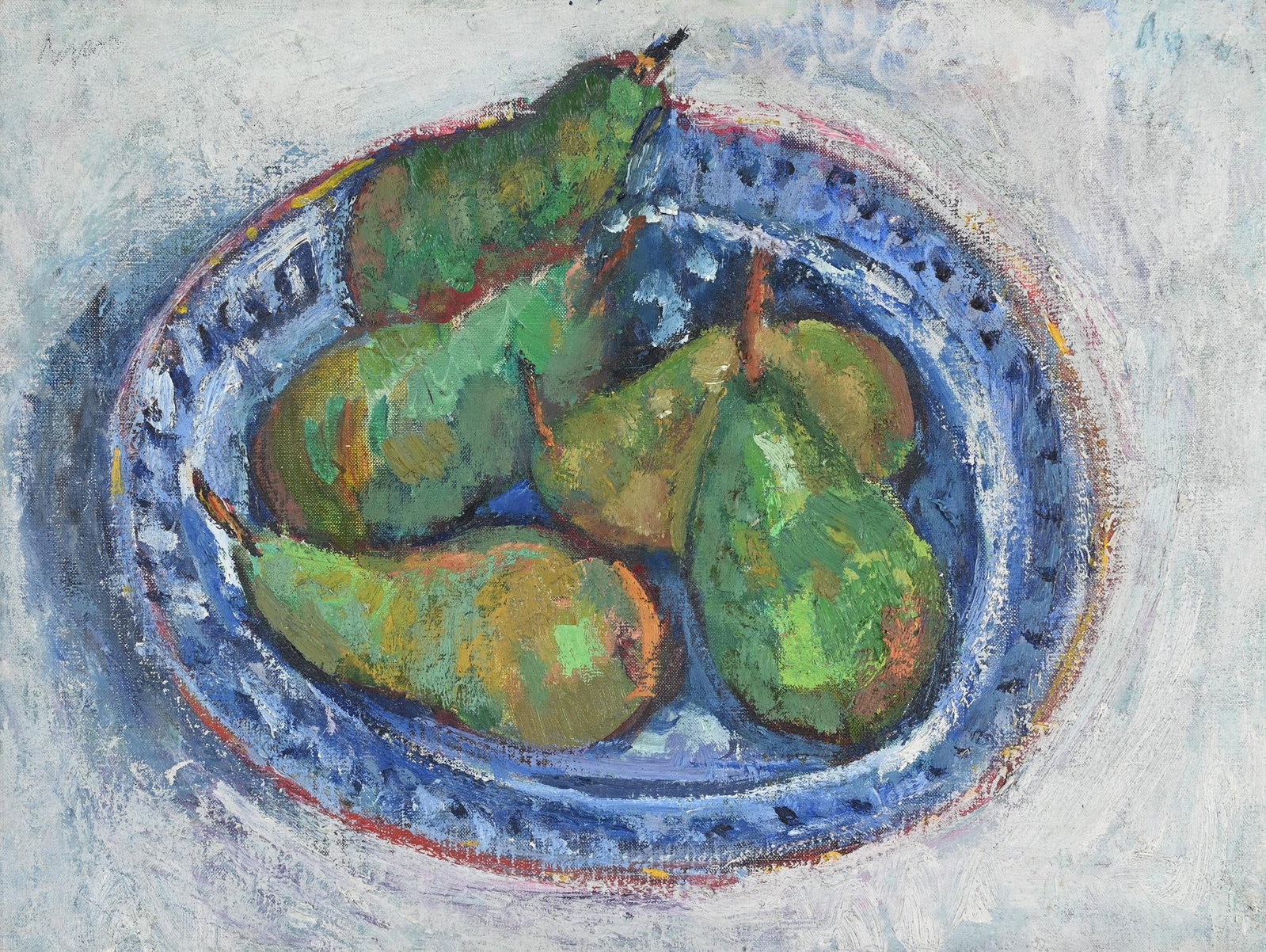 λ ADRIAN RYAN (BRITISH 1920-1998), PEARS IN A BOWL: λ ADRIAN RYAN (BRITISH 1920-1998)PEARS ON A GREEK PLATEOil on canvas Signed (upper left); stamped with the artist's studio stamp (verso)30.5 x 40.5cm (12 x 15¾in.)Painted in 1983.Exhibited:R