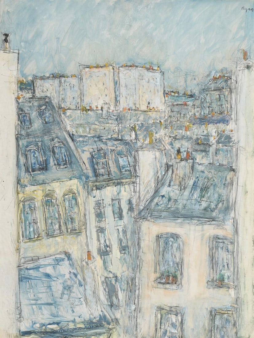 λ ADRIAN RYAN (BRITISH 1920-1998), ROOFTOPS, PARIS: λ ADRIAN RYAN (BRITISH 1920-1998)ROOFTOPS, PARISWatercolour and gouache over pencil heightened with scratching outSigned (upper right)49 x 36.5cm (19¼ x 14¼in.)Painted circa 1990. λ