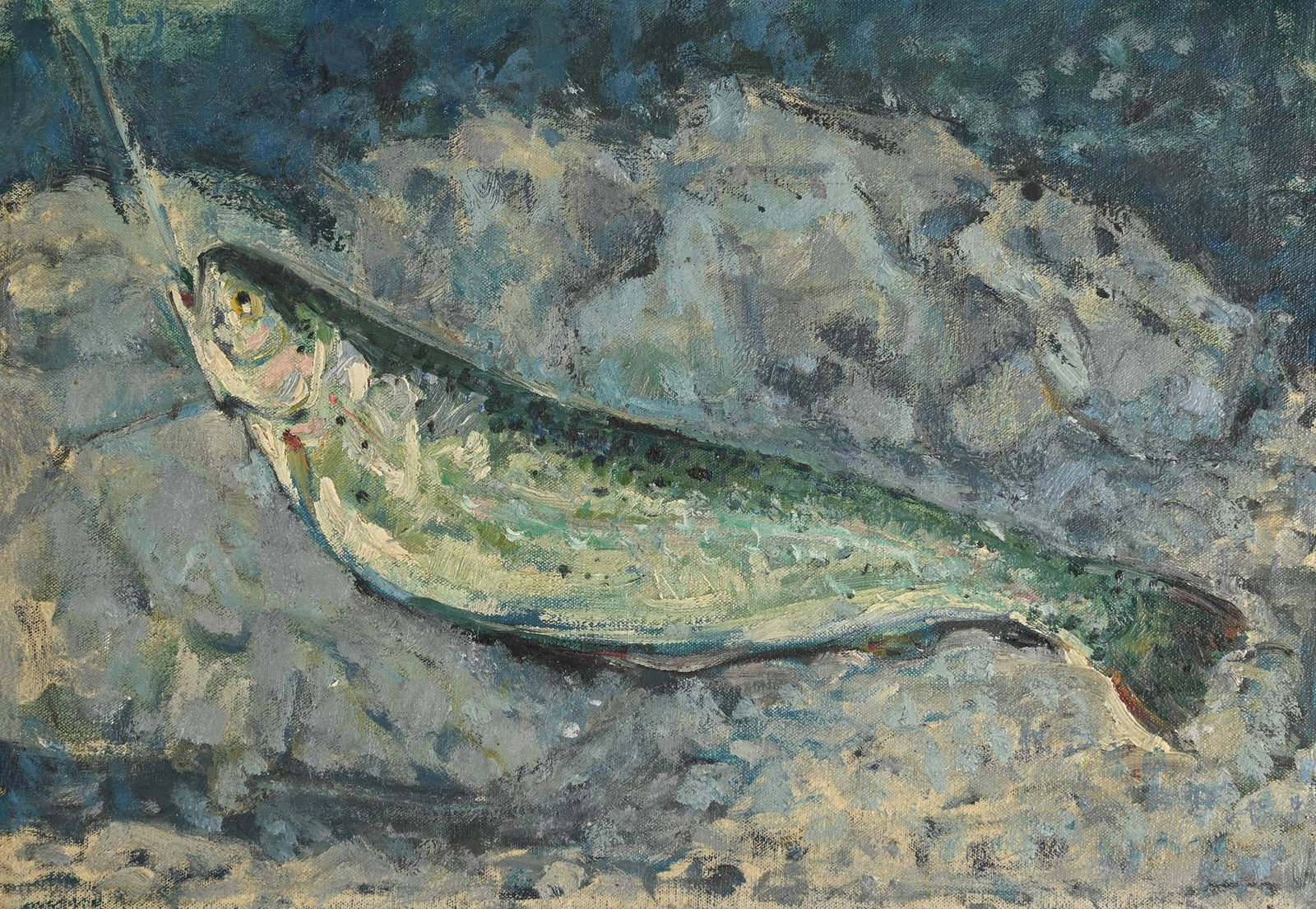 λ ADRIAN RYAN (BRITISH 1920-1998), TROUT: AFTER COURBET: λ ADRIAN RYAN (BRITISH 1920-1998)TROUT: AFTER COURBETOil on canvas boardSigned (upper right)25 x 35cm (9¾ x 13¾in.)Painted circa 1942When times change the landscape changes and the urba