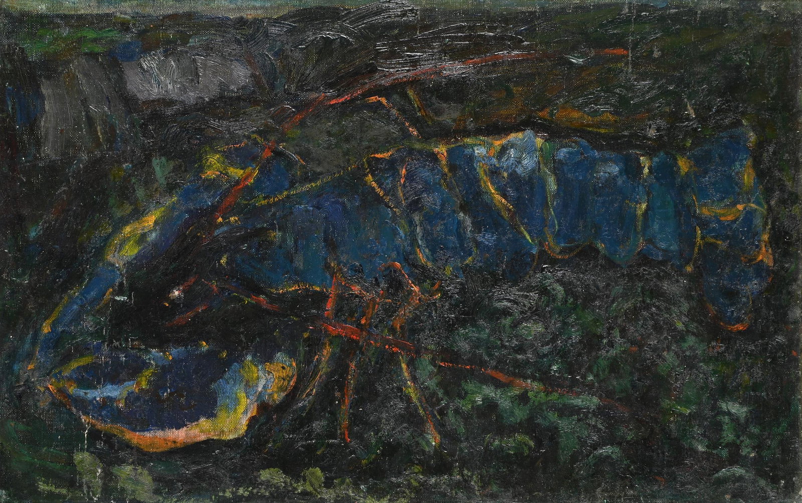 λ ADRIAN RYAN (BRITISH 1920-1998), LOBSTER AMONG ROCKS: λ ADRIAN RYAN (BRITISH 1920-1998)LOBSTER AMONG ROCKSOil on canvas laid on board28 x 43cm (11 x 16¾in.)Painted in 1948.Exhibited:Ipswich, The Town Hall Galleries, The Abstract Hinterland, 5 O